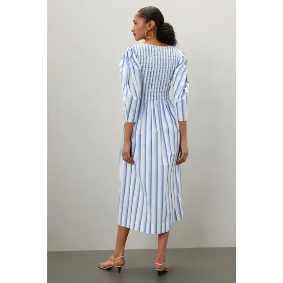 GANNI Blue Striped Cotton Smock Midi Dress Size 36 with Stains - Picture 2 of 12